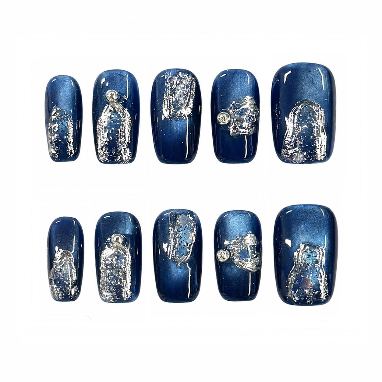 Midnight Sapphire Chrome Nails | Short Square Blue Press-On Nails with Silver Foil & Rhinestones