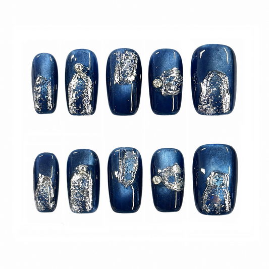 Midnight Sapphire Chrome Nails | Short Square Blue Press-On Nails with Silver Foil & Rhinestones