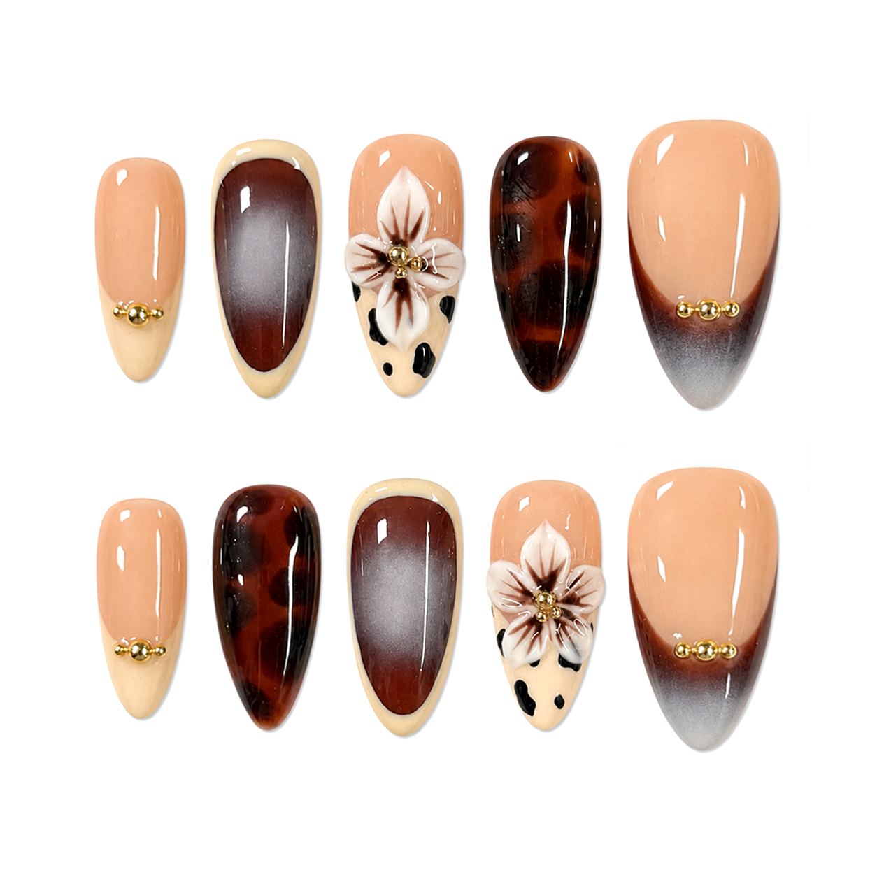 Tortoise Floral French Nails | Almond Brown Nude Press-On Nails with 3D Flower & Gold Beads