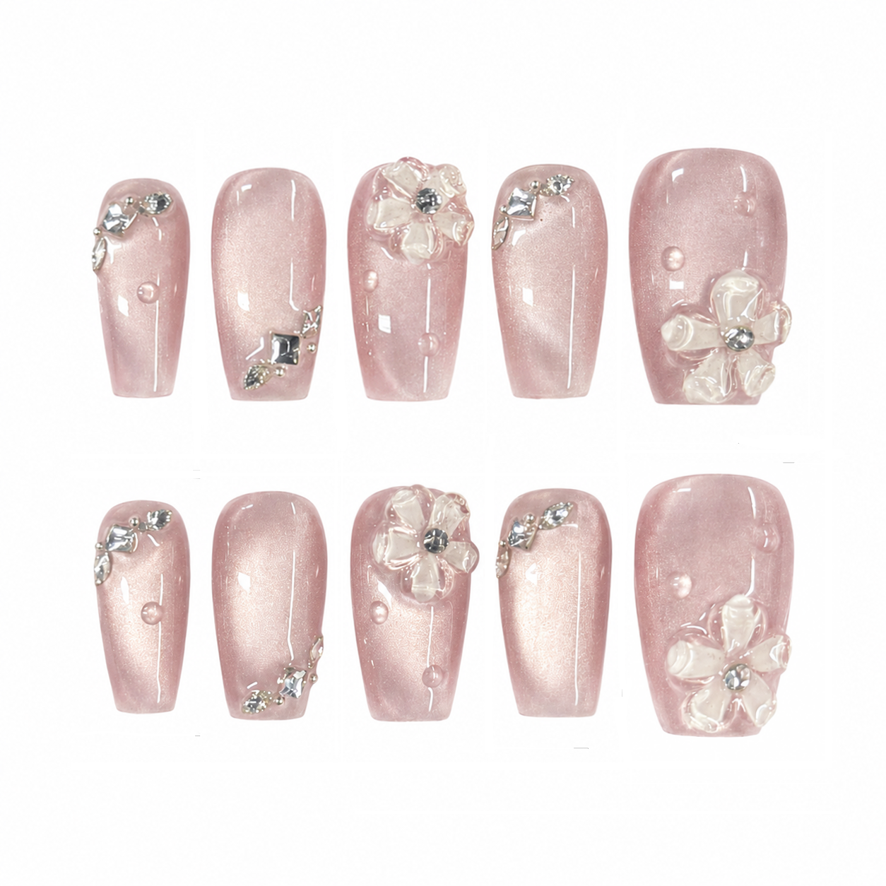 Blush Pearl Flower Nails | Pink Shimmer Press-On Nails with 3D Floral & Rhinestone Charms