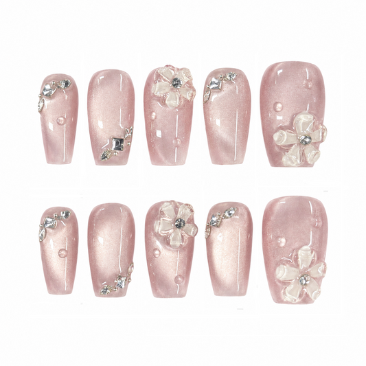 Blush Pearl Flower Nails | Pink Shimmer Press-On Nails with 3D Floral & Rhinestone Charms