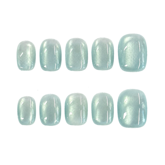 Aqua Pearl Cat Eye Nails | Short Square Blue Green Press-On Nails