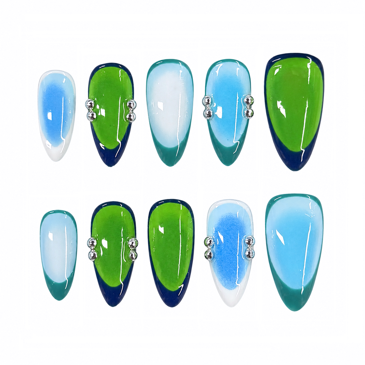 Blue Green Aura French Nails | Almond Press-On Nails with Silver Pearl Accents