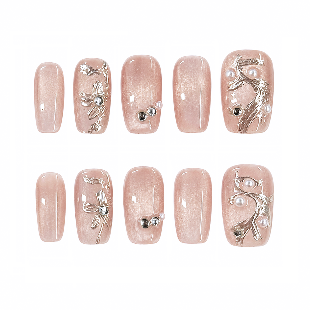 Rose Gold Pearl Vine Nails | Short Square Nude Pink Press-On Nails with Silver Floral Details