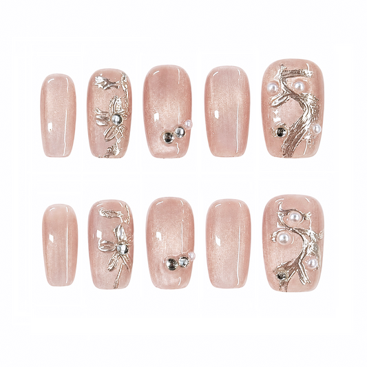 Rose Gold Pearl Vine Nails | Short Square Nude Pink Press-On Nails with Silver Floral Details
