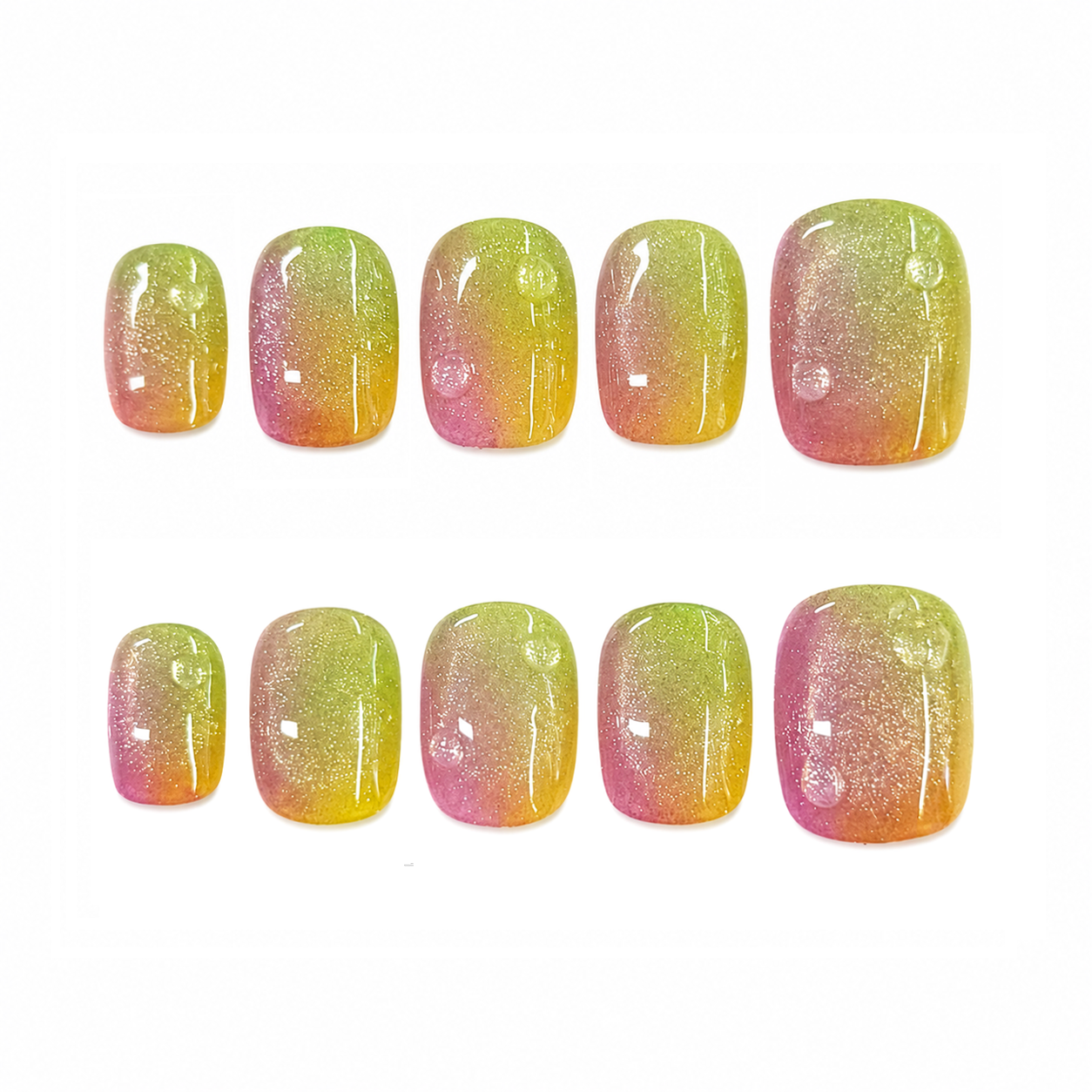 Sunset Aura Glitter Nails | Short Square Pink Green Yellow Press-On Nails