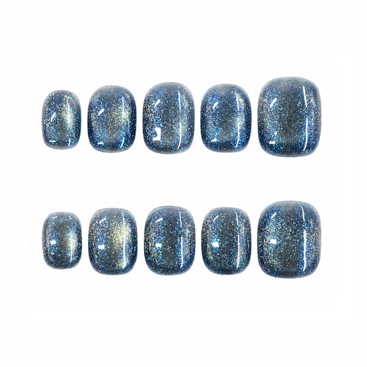 Midnight Galaxy Glitter Nails | Short Square Blue Cat Eye Press-On Nails